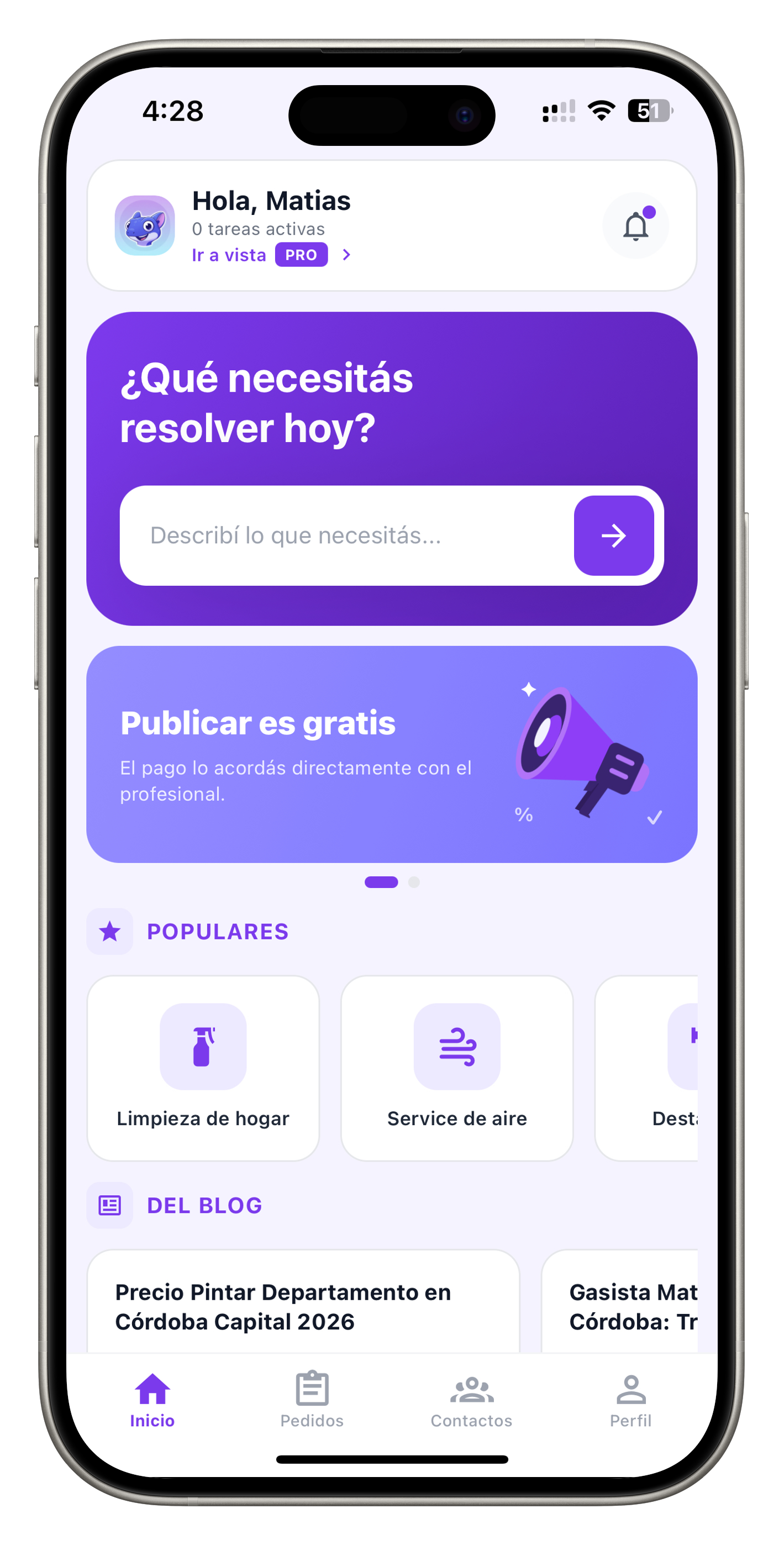 Vista de la app Tegu mostrando servicios disponibles