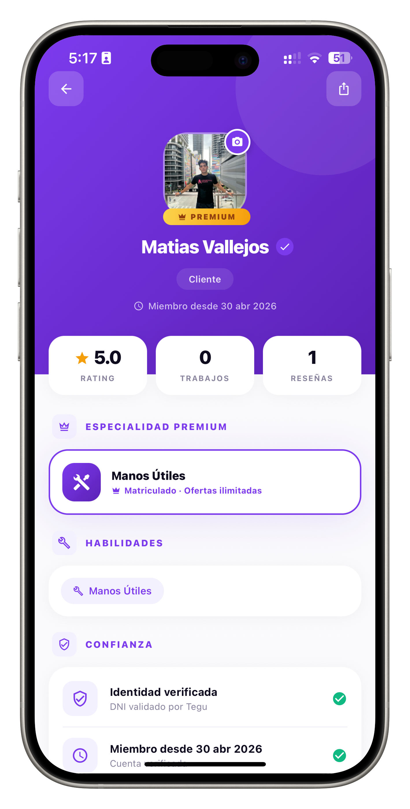 Perfil verificado de un profesional en la app Tegu